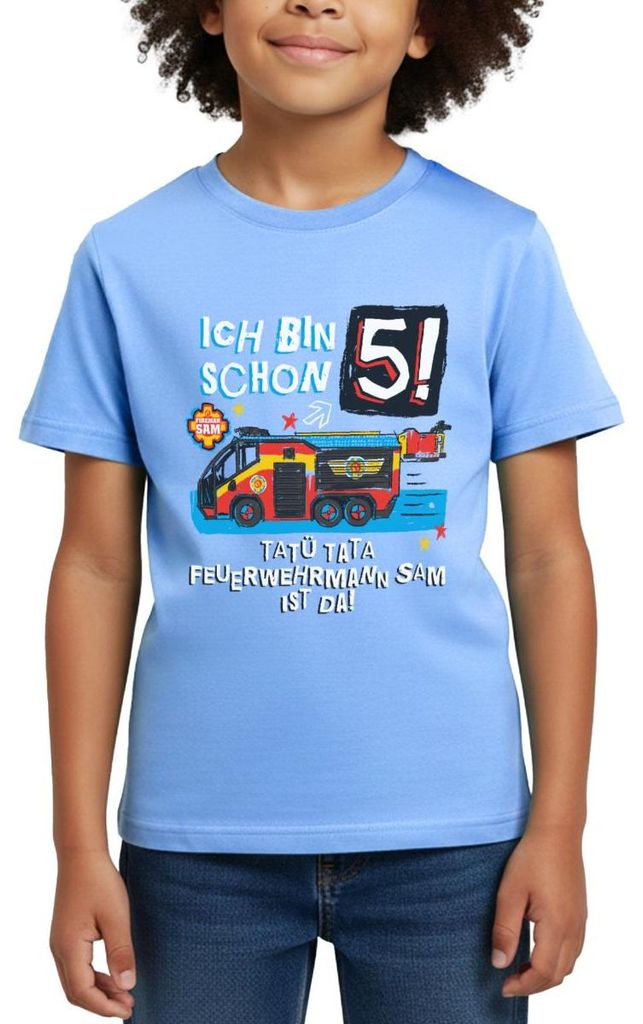 Spreadshirt Feuerwehrmann Sam Geburtstagsdesign 5 Jahre Kinder T-Shirt, 110/116 (5-6 Jahre), Himmelblau