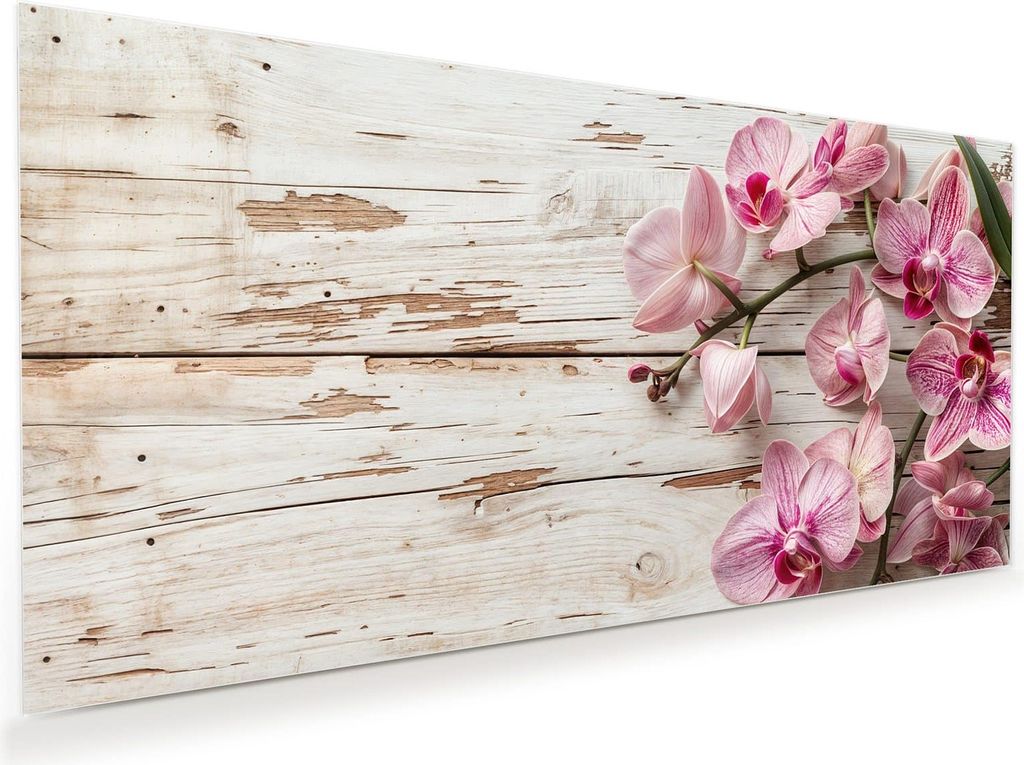 Glasbild 110x55cm in XXL für Wohnzimmer, Schlafzimmer Motiv Orchideen auf Holz