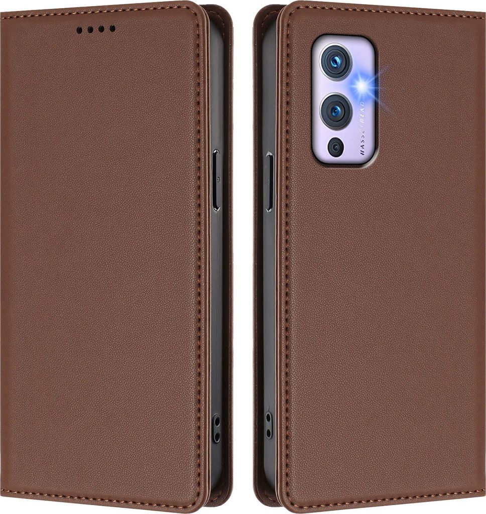 Handyhülle für OnePlus 9, Kunstleder Klapphülle Stoßfeste Magnetische Hülle mit Ständer Braun