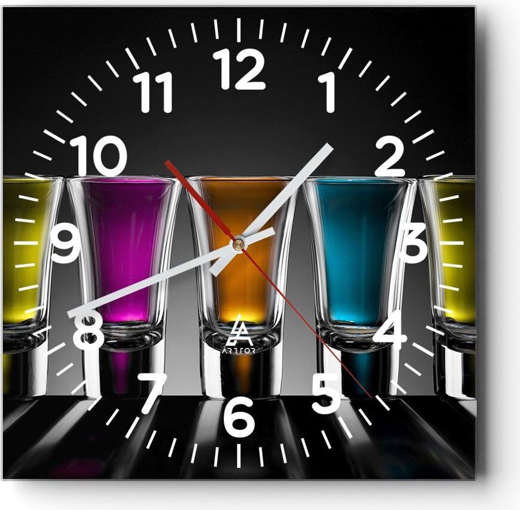 Wanduhr - Quadrat - Glasuhr - Gläser Alkohol trinken Saft - Produktbild 