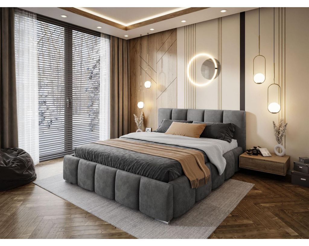 Bett mit Bettkasten fürs Schlafzimmer SORELLE Polsterbett 180 cm im Velours Bett mit gepolstertem Kopfteil, Größe: 180x200 cm, Farbe: Anthrazit ...