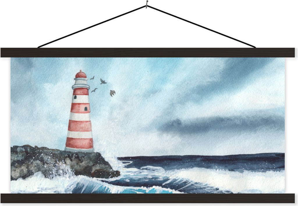 MuchoWow Textilposter Leuchtturm - Meer - Golf 150x75 cm mit schwarzem Rahmen - Posterleiste