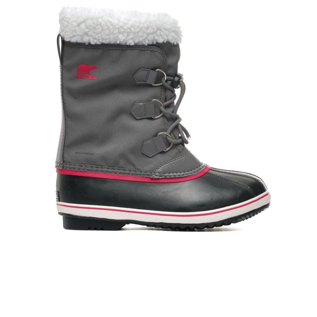 A single gray winter boot with white fur trim and pink accents is shown against a white background.