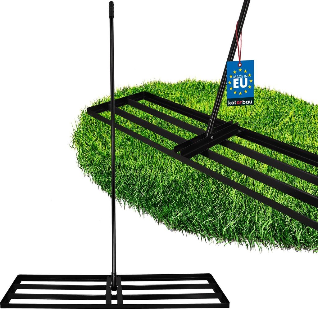 KOTARBAU Rasenrakel 120x30cm Rasen Nivellierrechen mit Stahlstiel 180cm Gartenwerkzeug zur Rasenpflege Rasen Rakel Gartenzubehör Stahl Schwarz
