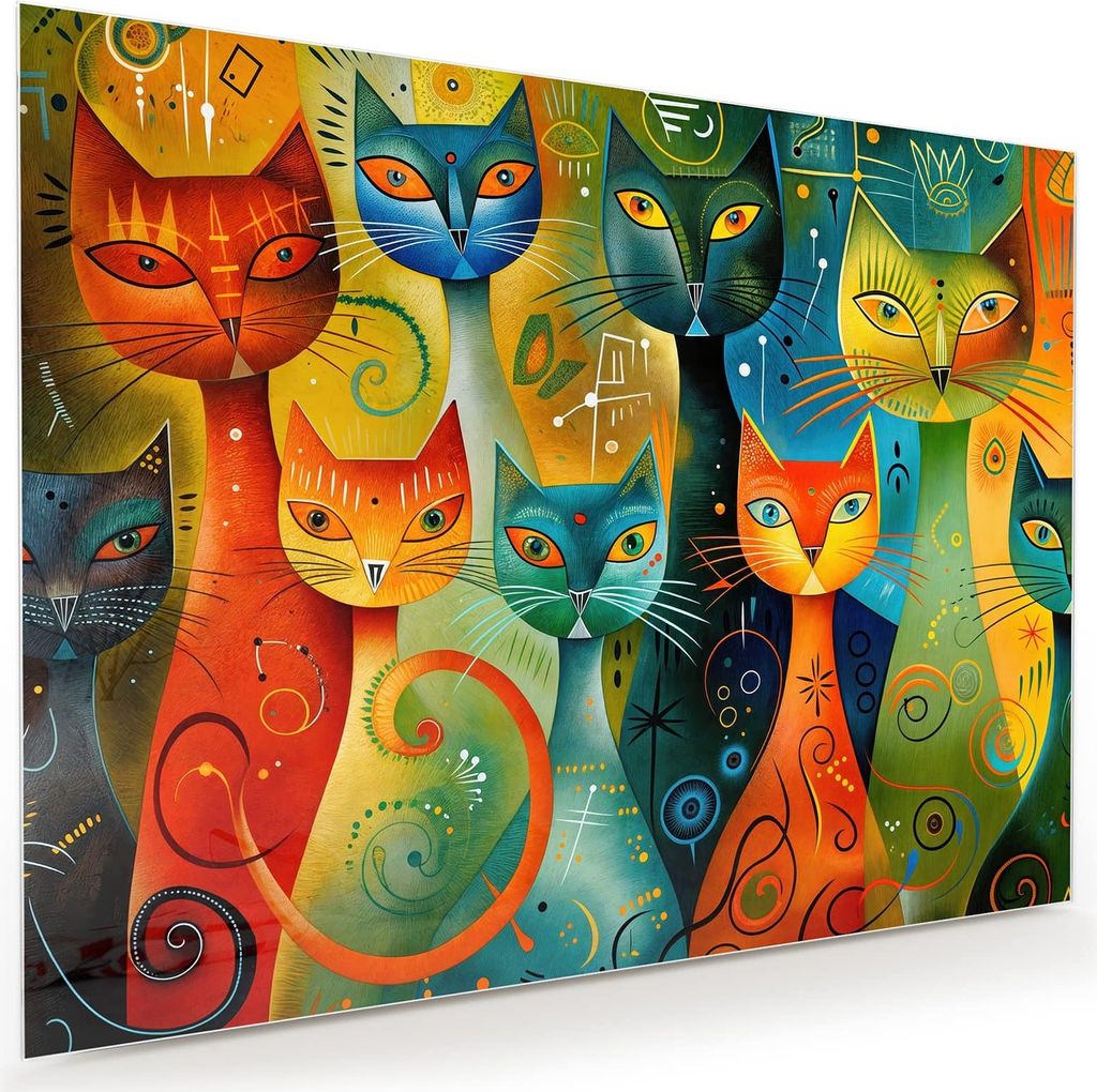 Glasbild 120x90cm in XXL für Wohnzimmer, Schlafzimmer Motiv Bunte Katzenkunst