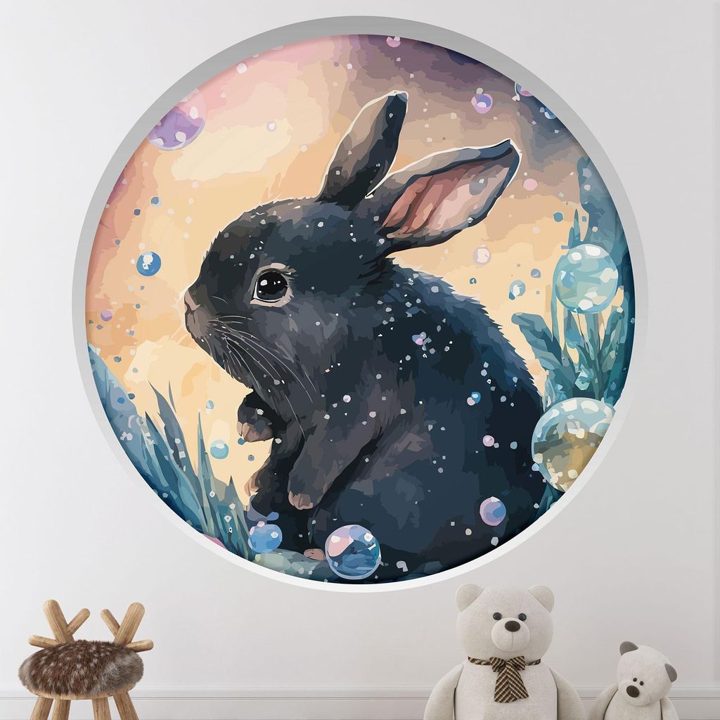 Trompe-l'œil-Aufkleber Runde Bogen Kinder - Lumaléa - Hase - Durchmesser 90 cm