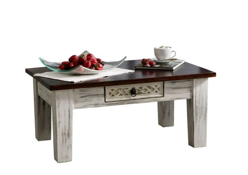 Table basse 90x60 Manguier ciré Blanc antique CASTLE-ANTIK #247 robuste