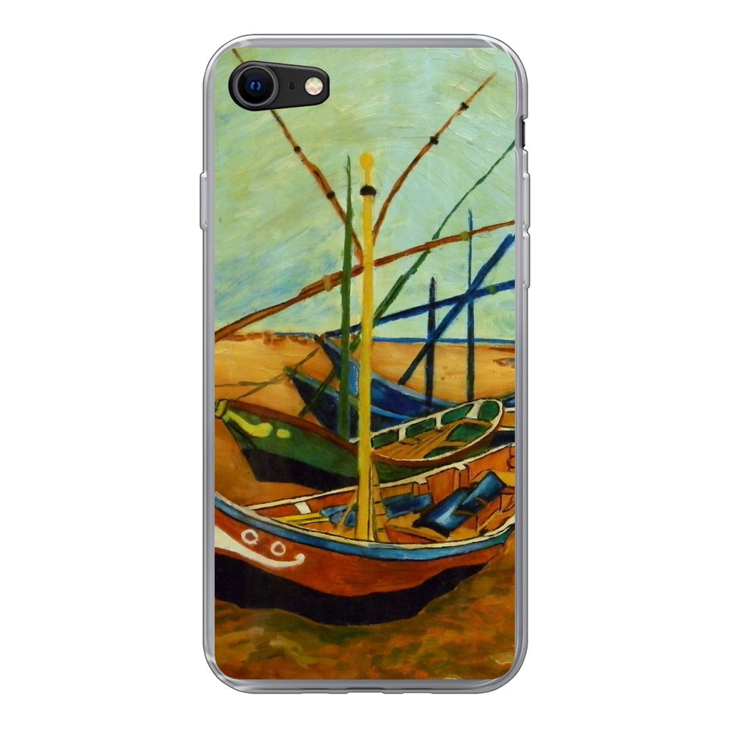 MuchoWow Handyhülle Schutzhülle Hülle für iPhone SE 2022 Fischerboote am Strand - Vincent van Gogh Silikon Softcase Handy Hülle - Schutzhülle