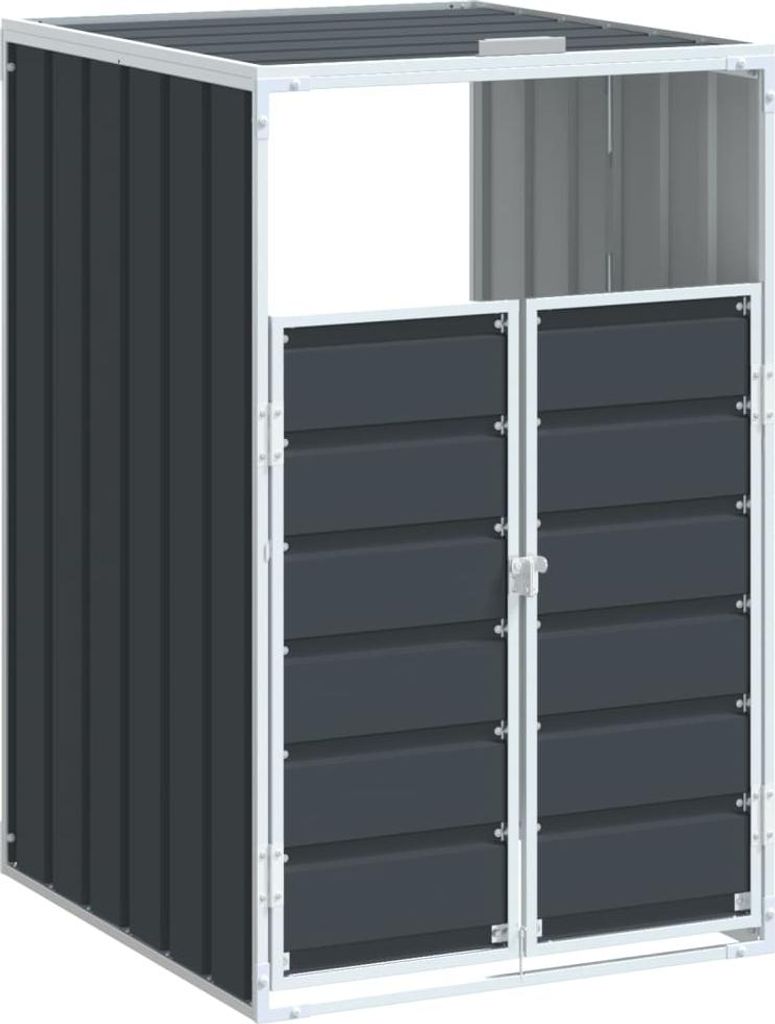 A dark gray metal trash can enclosure with a white frame, shown from a three-quarter front angle.