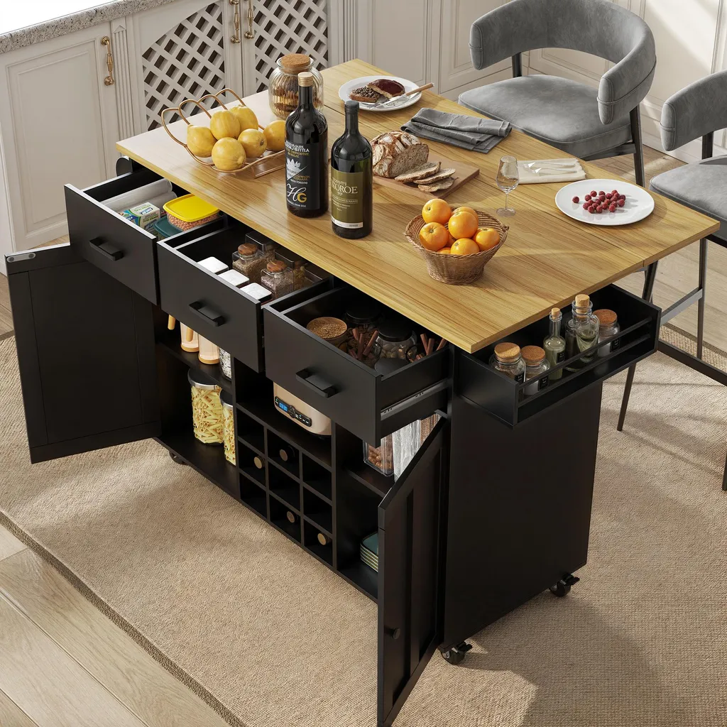 Fortuna Lai Chariot de Cuisine Noir avec Plan de Travail Effet Bois