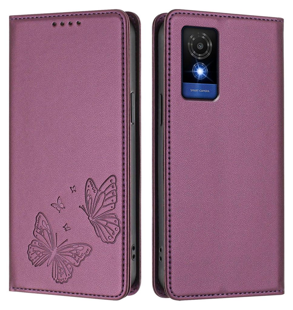 Lederhülle für Vodafone Smart M25/TCL 501, Schmetterling Prägung Leder Brieftasche Schutzhülle mit Ständer Lila