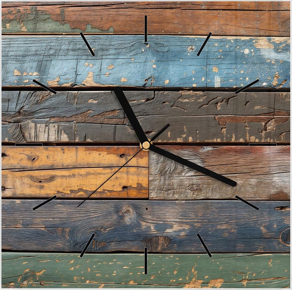 Wanduhr aus Glas mit Motiv Bunte Holzplatte- 30 x 30 cm - inkl. Aufhängesystem