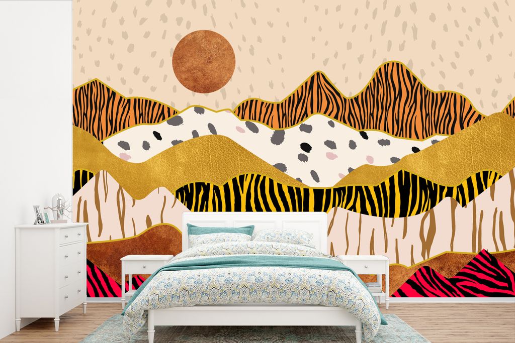 MuchoWow Fototapete für Wohnzimmer oder Schlafzimmer Wandtapete Vinyl Motivtapete Tiger Druck - Pastell - Gold - Druck - Tiger - Abstrakt - 390x...