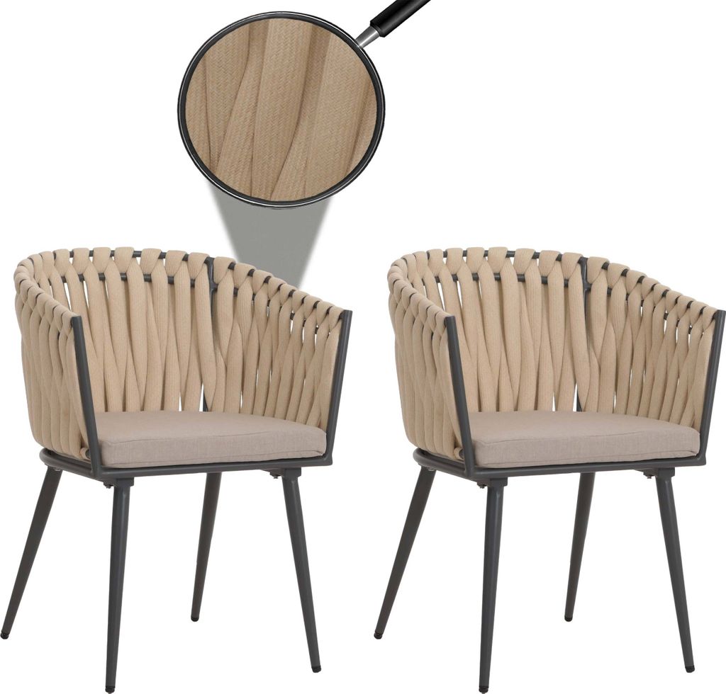 2er-Set Aluminium-Gartenstuhl MCW-N38, Outdoor Stuhl Armlehne, Olefin Seilgeflecht Rope creme Kissen hellbraun