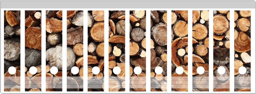 Wallario Ordnerrücken Sticker, selbstklebend für breite Ordner, 12 Stück, Motiv Dunkler Holzstapel rund