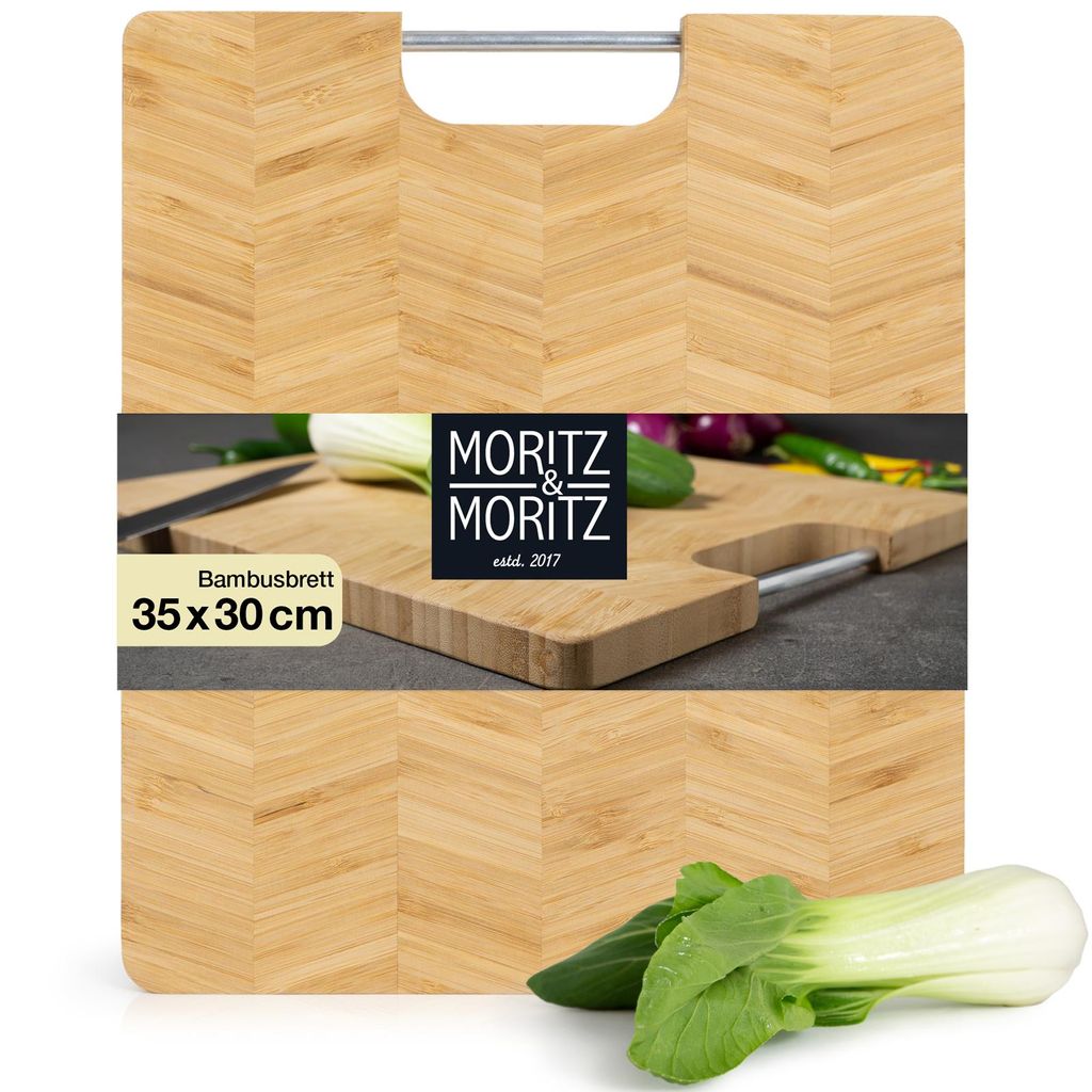 Moritz & Moritz Schneidebrett Bambus Groß - 35 x 30 x 2 cm - Schneidebretter mit Griff - Zum Schneiden, Anrichten und Servieren