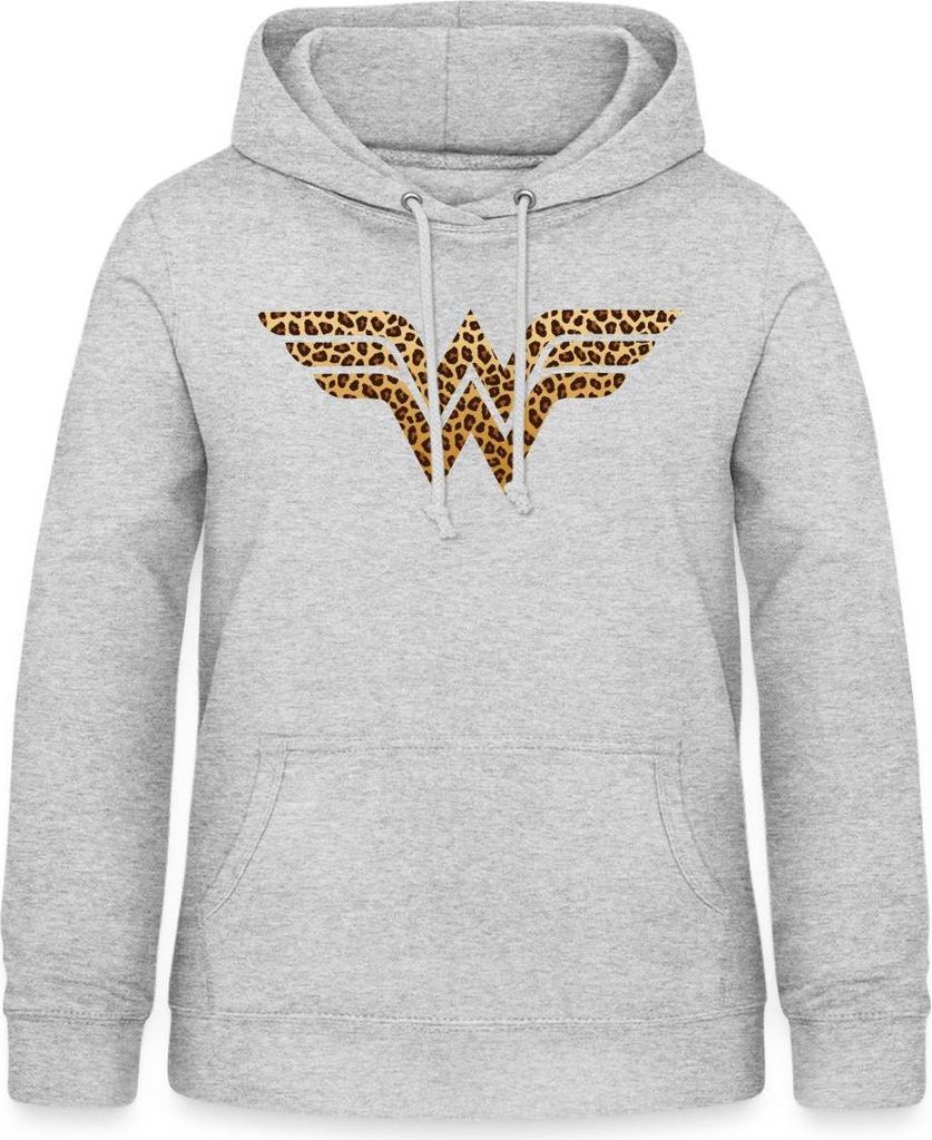 Spreadshirt Wonder Woman Leoprint Logo Damen Hoodie, M, Hellgrau meliert