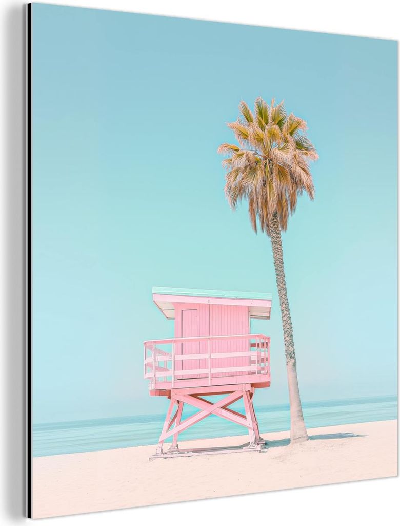 MuchoWow Wanddekoration Metall Metallbild Wandkunst 50x50 cm Palme - Strandhaus - Rosa MuchoWow Aluminium Gemälde - Alubild - Industrial