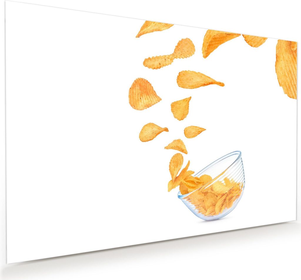 Glasbild Wandbild Chips fliegend 60x40cm in XXL für Wohnzimmer, Schlafzimmer, Badezimmer, Flur