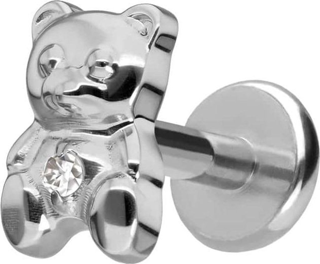 Ohrpiercing, Nasenpiercing Titan Labret mit Push Fit TEDDYBÄR Silber Stablänge: 5mm | Stabstärke: 1,2mm