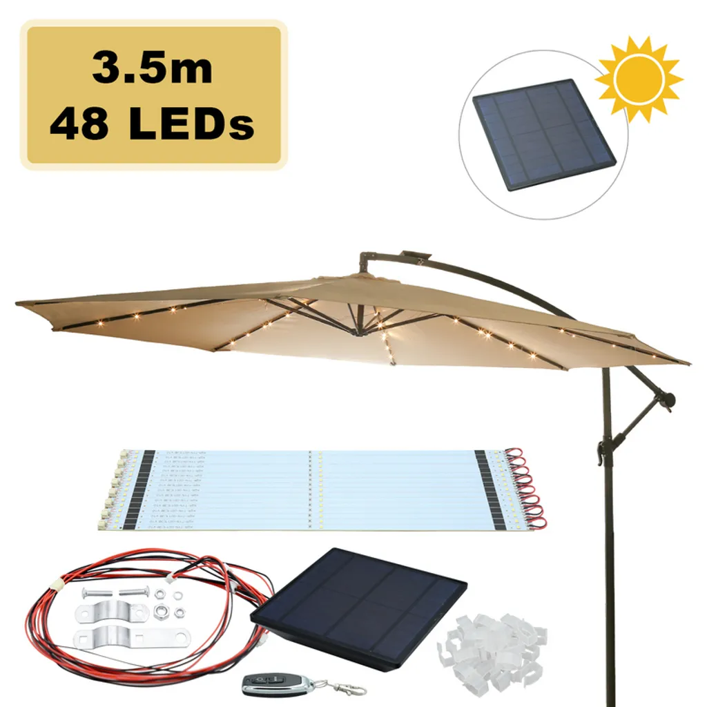 Clanmacy Ombrellone da 3,5 m Ombrellone da mercato con manovella UV30+ Ombrellone da esterno Terrazze con LED solare حBeige ح3,5 m