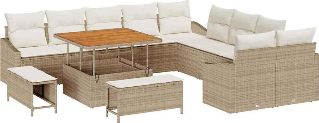 vidaXL Gartensofa-set mit Kissen mit Speicher 13 pcs Beige Poly Rattan