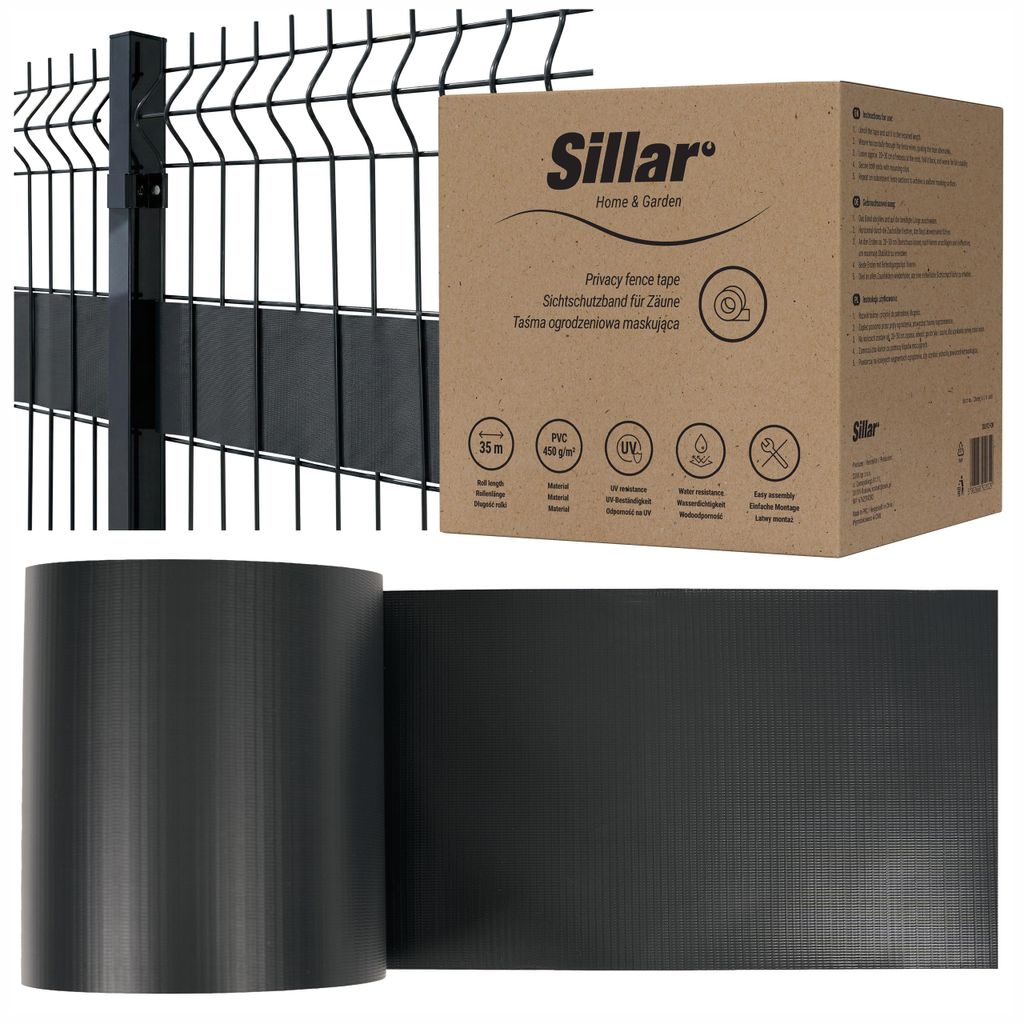 Sillar Sichtschutzstreifen 19 cm x 35 m – dunkelgrau PVC 450 g/m² für Doppelstabmattenzaun