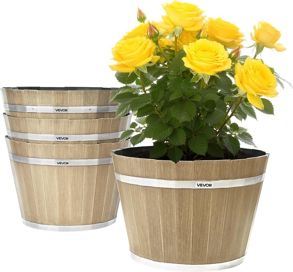 VEVOR Blumentöpfe 300 x 210 mm, 4er-Pack Whiskyfass-Pflanzgefäße mit Drainagelöchern, Kunststoff-Pflanztopf im Weinfass-Design für Pflanzen im...