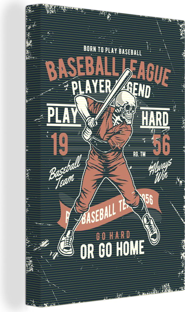 OneMillionCanvasses - Leinwandbilder - 90x140 cm, Vintage - Totenkopf - Baseball, Wandbilder Kunstdruck Wanddekoration - Wandschmucke - Schlafzimmer
