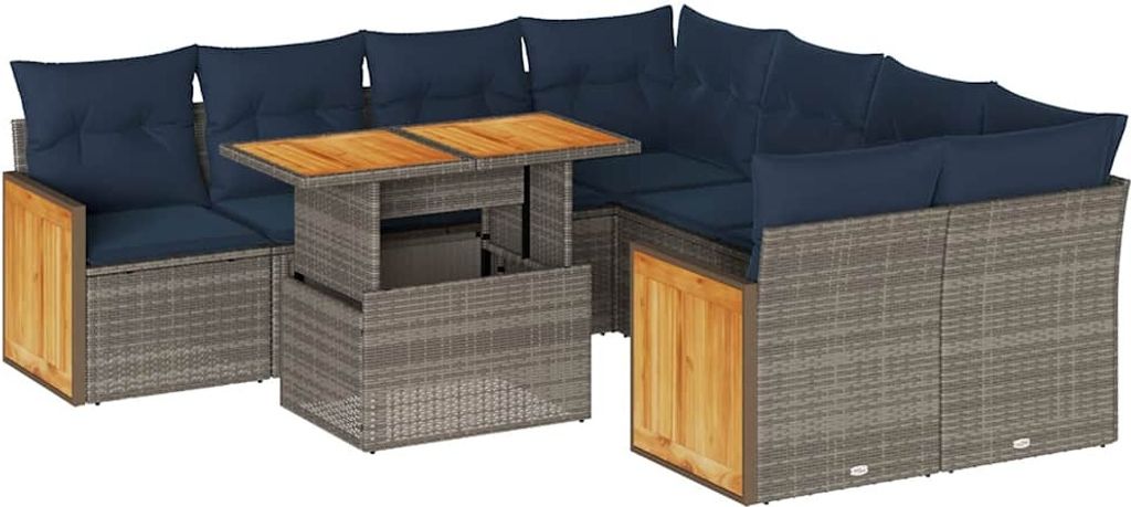 SYFAX 9-tlg. Garten-Sofagarnitur mit Kissen Grau Poly Rattan Akazie