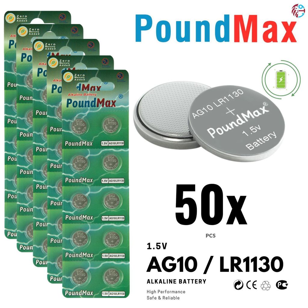 50x AG10 PoundMax Alkaline Knopfzelle/Uhren LR1130, LR54, Produktbild 