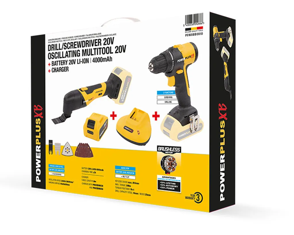 Kit Rénovation Maison Perceuse Visseuse et Ponceuse 20V Powerplus - 20