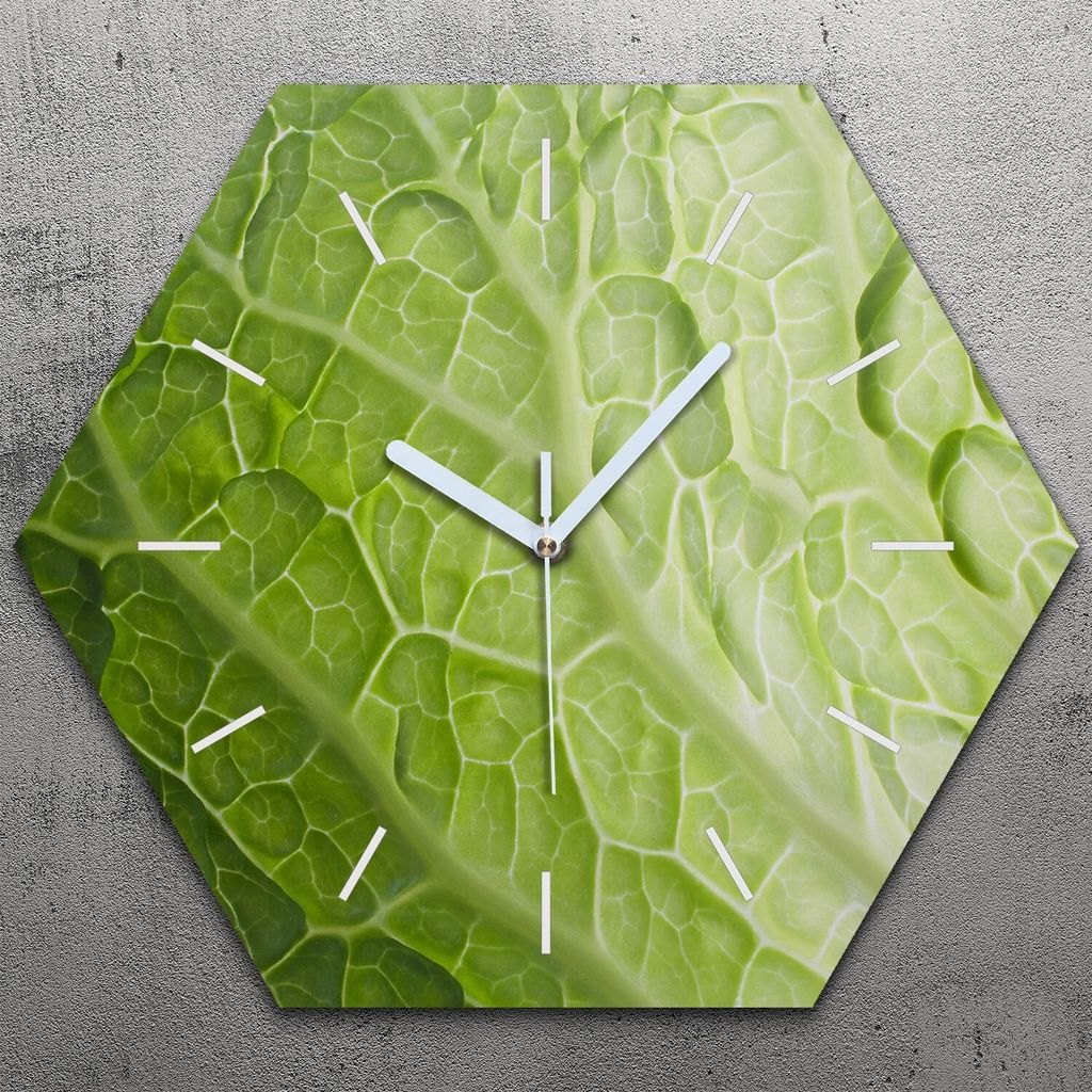 Uhr hexagonal 40 cm Glas Geräuschlos weiße Zeiger - einzelnes Gemüseblatt