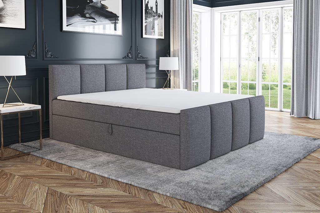 Boxspringbett ECOS 140x200 mit 2 Bettkästen, Bonell-Matratze und Topper. Farbe: Hellgrau.