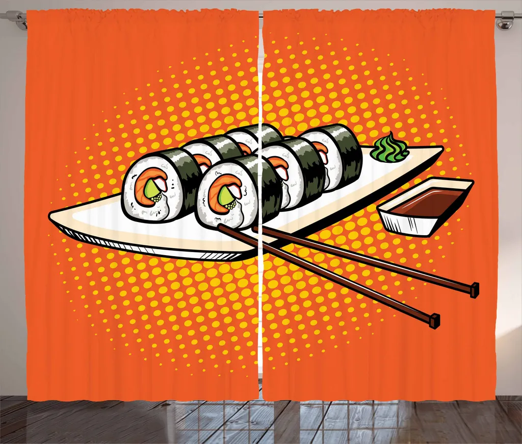 ABAKUHAUS Tenda rustica Sushi, piatto giapponese con wasabi, soggiorno Tenda universale con passanti e ganci, 280 x 225 cm, multicolore