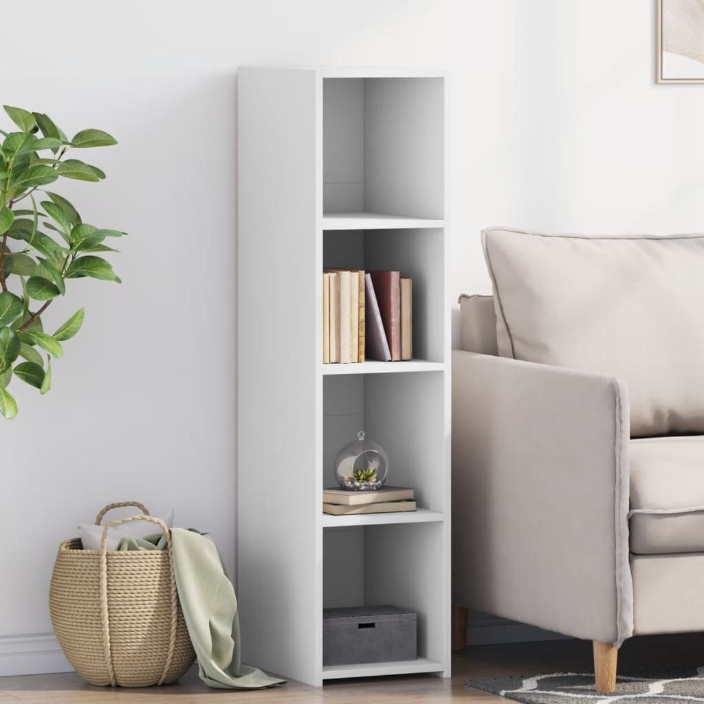 A white highboard with shelves is shown in a room next to a sofa and a basket with a plant.