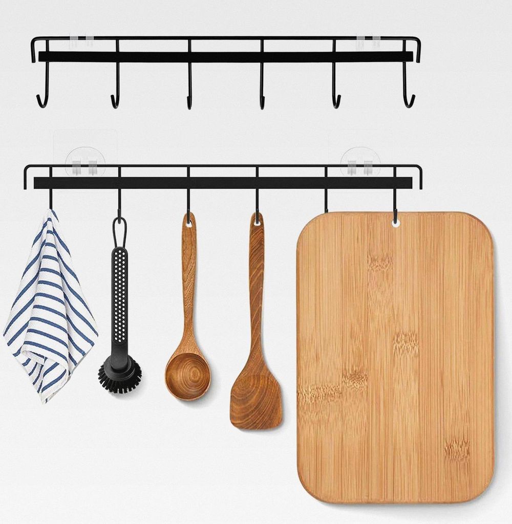 Schwarz 6 Haken Küchenhalter,2pcs Hakenleiste für Küchenutensilien Küchenhalterung Ohne Bohren Selbstklebend Küche Hängeleiste für Küche Ba...