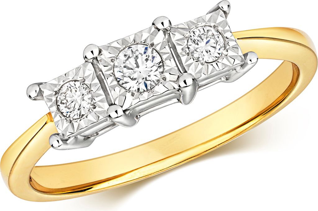 Funkelndes Feuer 9 Karat (375) Gold Trilogie Diamant Damenring Brillant-Schliff 0.15 Karat H - I1 I2, 51 (16.2); TRS319529KYRSL