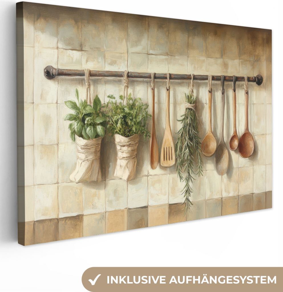 Wanddeko 120x80 cm - Stilleben - Hölzerne Küchengeräte, Leinwand Bilder Wohnzimmer