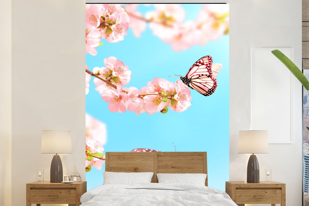 MuchoWow Fototapete für Wohnzimmer oder Schlafzimmer Wandtapete Vinyl Motivtapete Schmetterlinge - Baum - Blumen - 160x240 cm - Vinyltapete