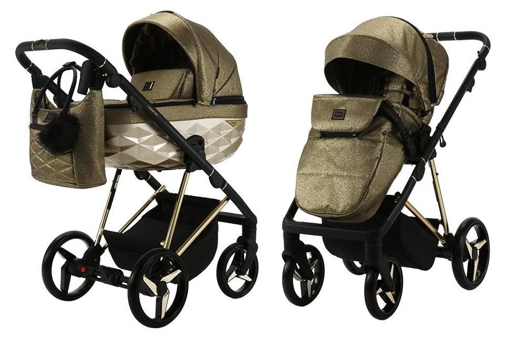 Adamex Quantum Kinderwagen 3in1 Glossy Gold Black/Gold – leichter Luxus-Kinderwagen mit Babywanne, Sportsitz & umfangreichem Zubehörset
