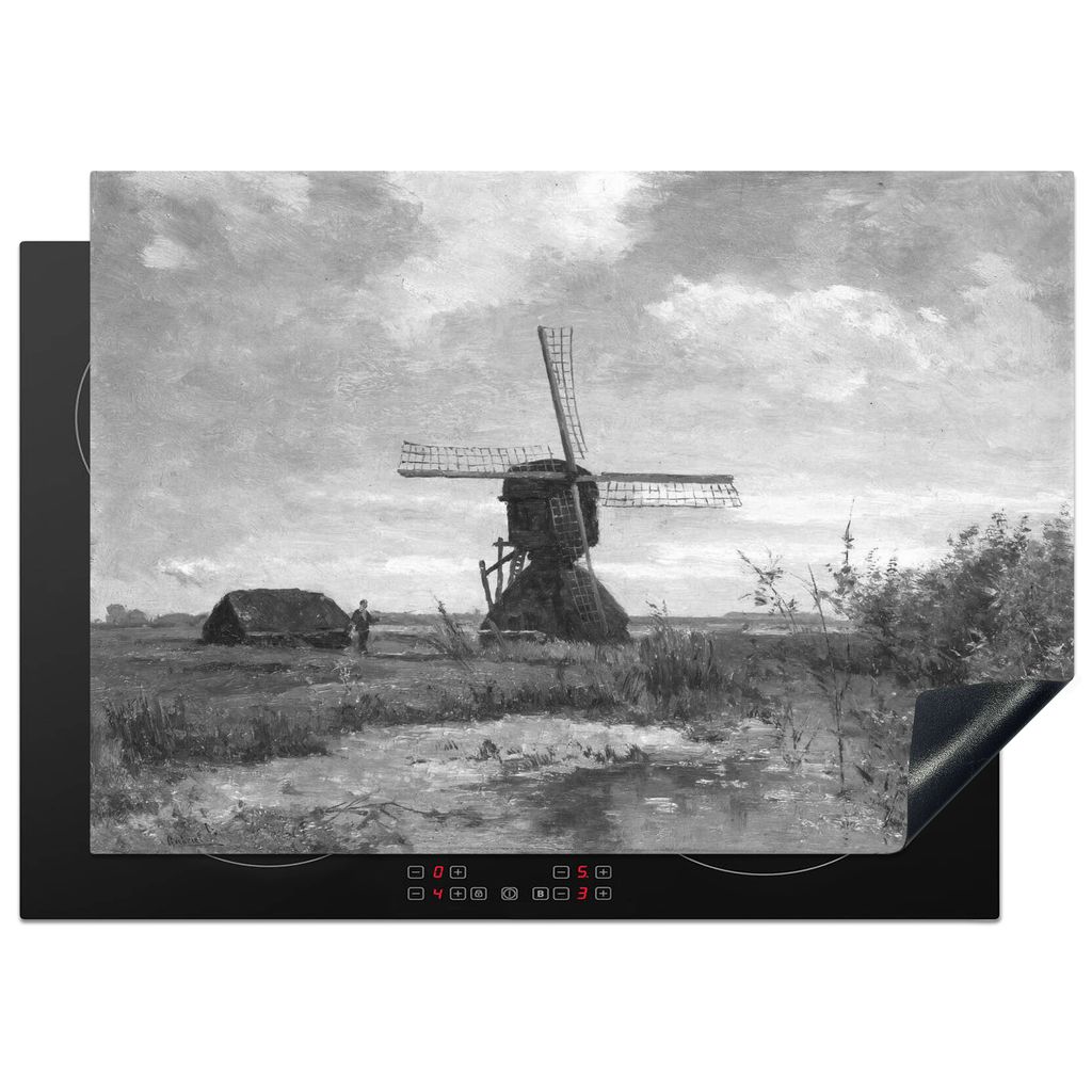 KitchenYeah Herdabdeckplatte Sonniger Tag, eine Mühle am Wassergraben in schwarz-weiß - Gemälde von Paul Joseph Constantin , 75x52cm, Küche D...