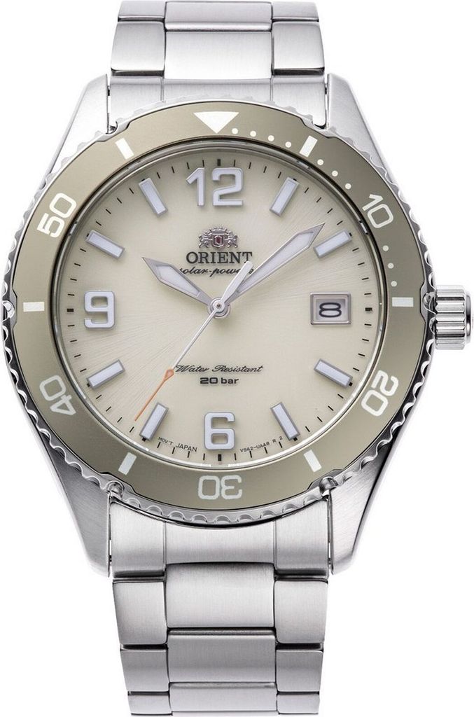 A close-up studio shot of a silver Orient watch with a cream dial and a khaki bezel.