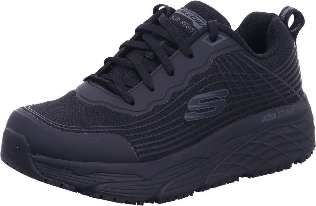 A black Skechers work shoe is shown from a side-angle on a white background.