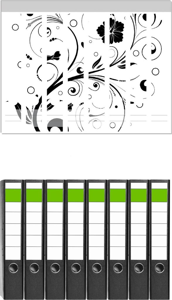 Wallario 8 Stück schmale Ordner inkl. Klebeetiketten mit Motive Schnörkelmuster in schwarz weiß mit Blumen und Kreisen - Set mit Rückenschilde...
