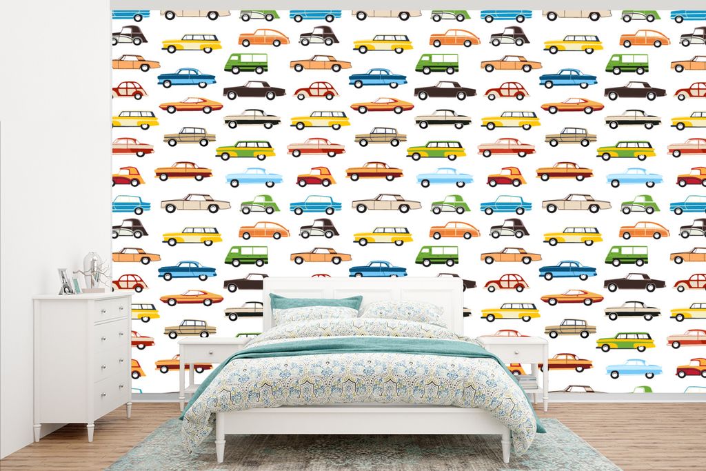 MuchoWow Fototapete für Wohnzimmer oder Schlafzimmer Wandtapete Vinyl Motivtapete Muster - Auto - Retro - Jungen - Kinder - Kind - 345x220 cm - ...