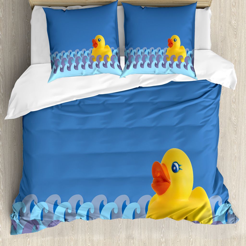 ABAKUHAUS Badeente Bettbezugs Set Für Doppelbetten, Schwimmende Duck Waves, Milbensicher Allergiker geeignet mit Kissenbezügen, Mehrfarbig