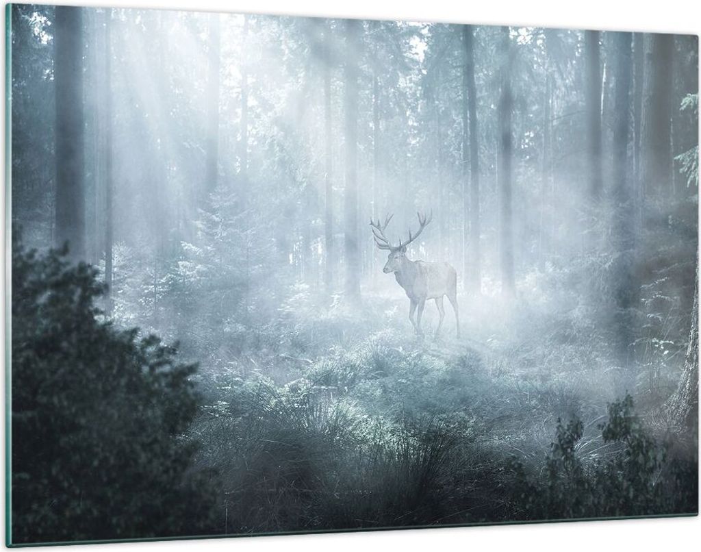 Bilder auf glas - Einteilig - Hirsch Wald Morgendämmerung - 120x80cm - Glasbilder - Wandbilder - Bilder - Wanddekoration aus Glas - Glas Bilder - ...