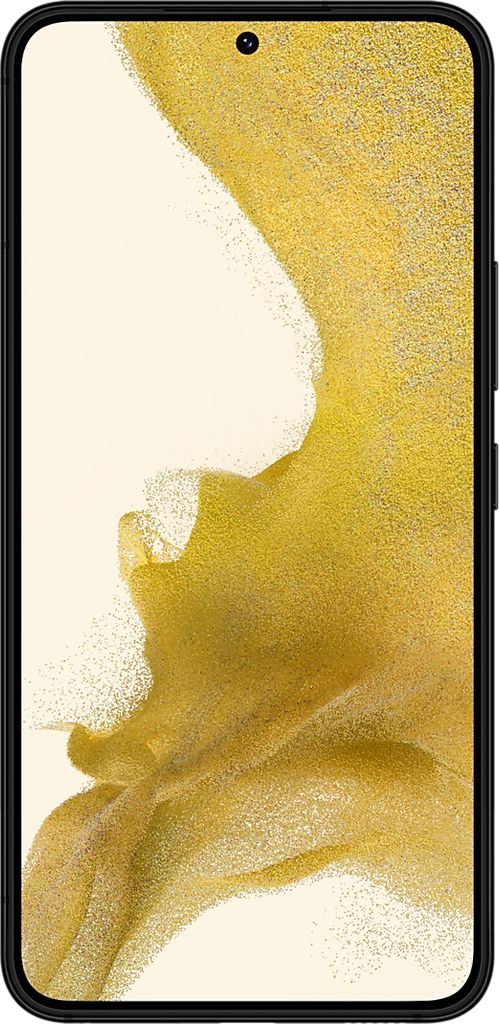A close-up, front-facing view of a Samsung Galaxy S22 smartphone with a textured, abstract wallpaper on its screen.