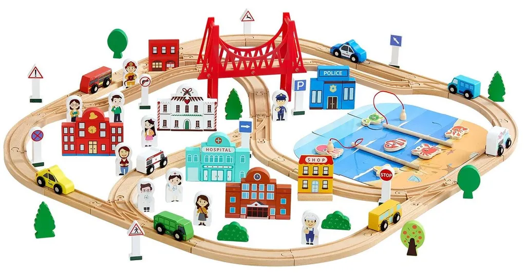 Jouet idéal Noël : circuit de train en bois complet 113 pièces enfant